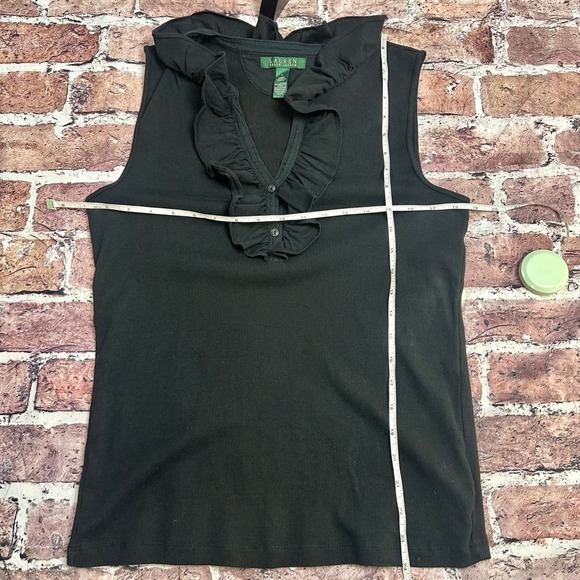Lauren Ralph Lauren Black Ribbed Cotton Ruffle V-Neck Sleeveless Top Large - Picture 12 of 14